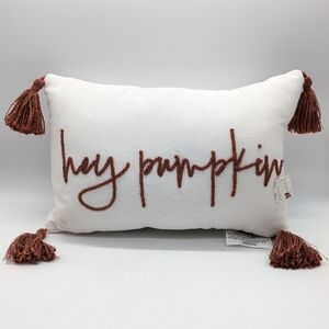Hey Pumpkin White Burnt Red/Orange Embroidered Fall Autumn Small Throw Pillow